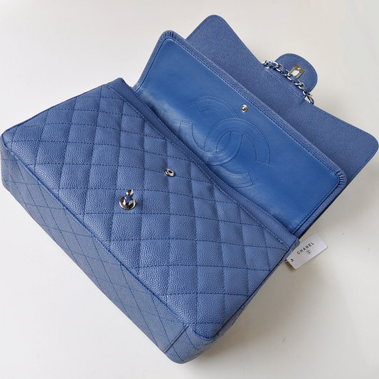 Chanel Jumbo Quilted Classic Caviar leather Flap Bag A58601 blue Silver