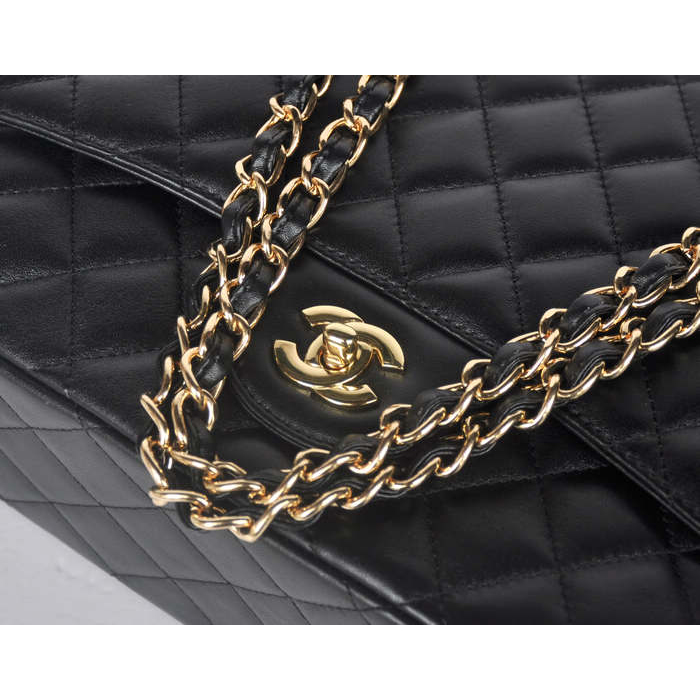 Chanel Jumbo Quilted Classic Sheepskin leather Flap Bag A58601 black Gold