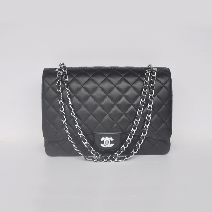 Chanel Jumbo Quilted Classic Sheepskin leather Flap Bag A58601 black Silver