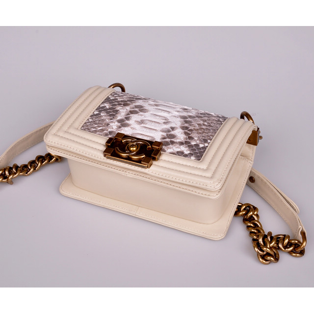 Chanel LE Boy 2014 Flap Shoulder Bag Real Python Leather A67063 Beige