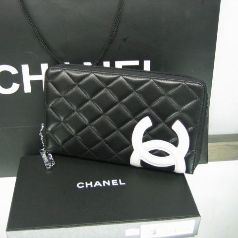 Chanel Leather White CC Logo Long Zipper Wallet 26710 Black