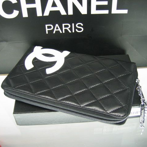 Chanel Leather White CC Logo Long Zipper Wallet 26710 Black