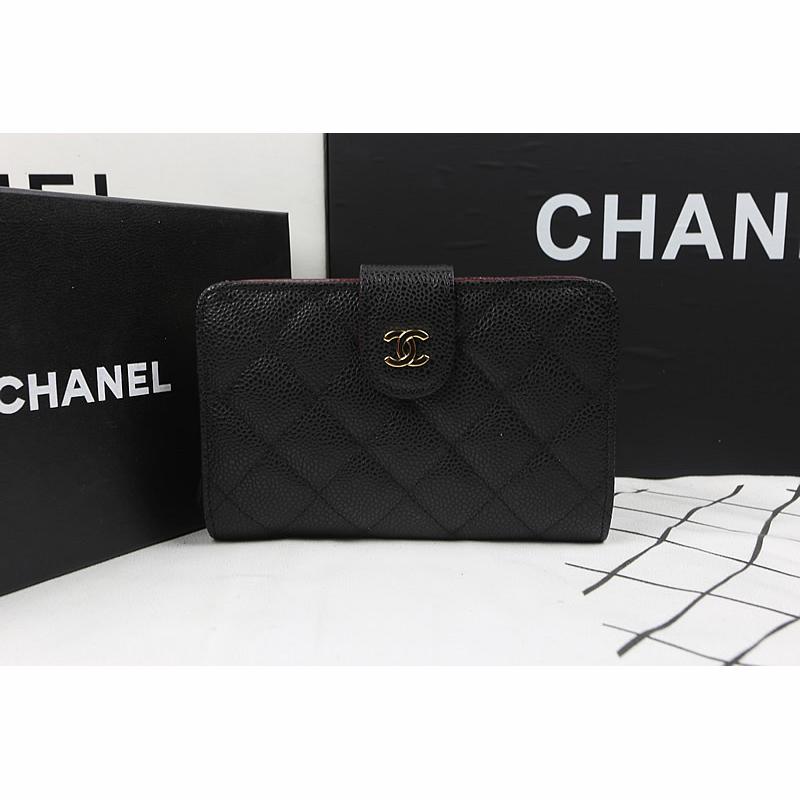 Chanel Matelasse Bi-Fold Wallet Black Original Caviar leather A48667 Gold