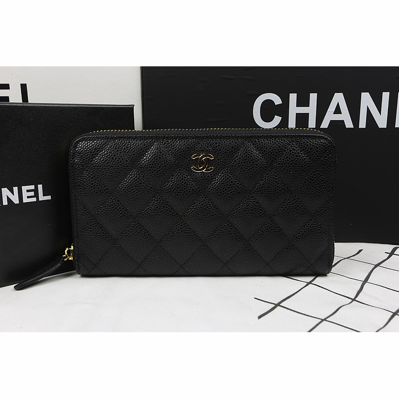 Chanel Matelasse Zip Around Wallet Black Original Caviar leather A50097 Gold