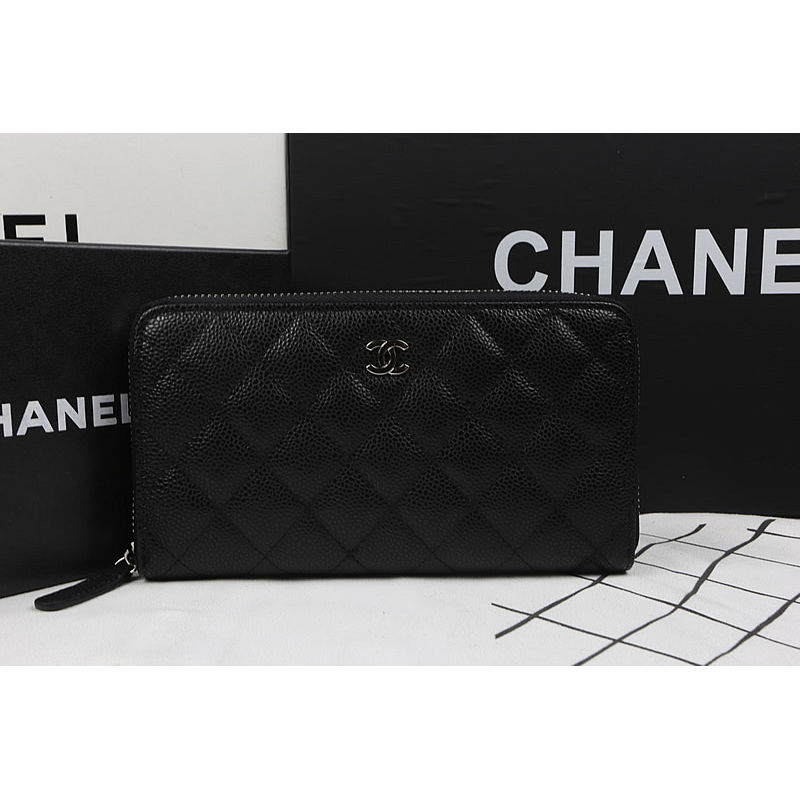 Chanel Matelasse Zip Around Wallet Black Original Caviar leather A50097 Silver