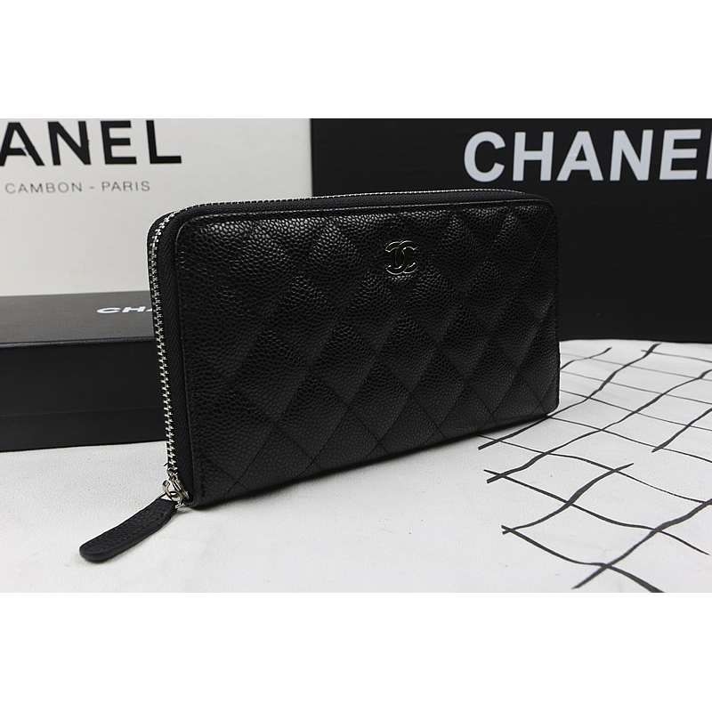 Chanel Matelasse Zip Around Wallet Black Original Caviar leather A50097 Silver