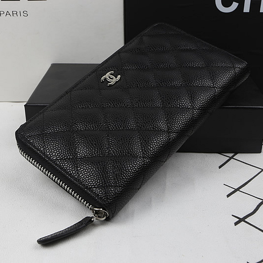 Chanel Matelasse Zip Around Wallet Black Original Caviar leather A50097 Silver