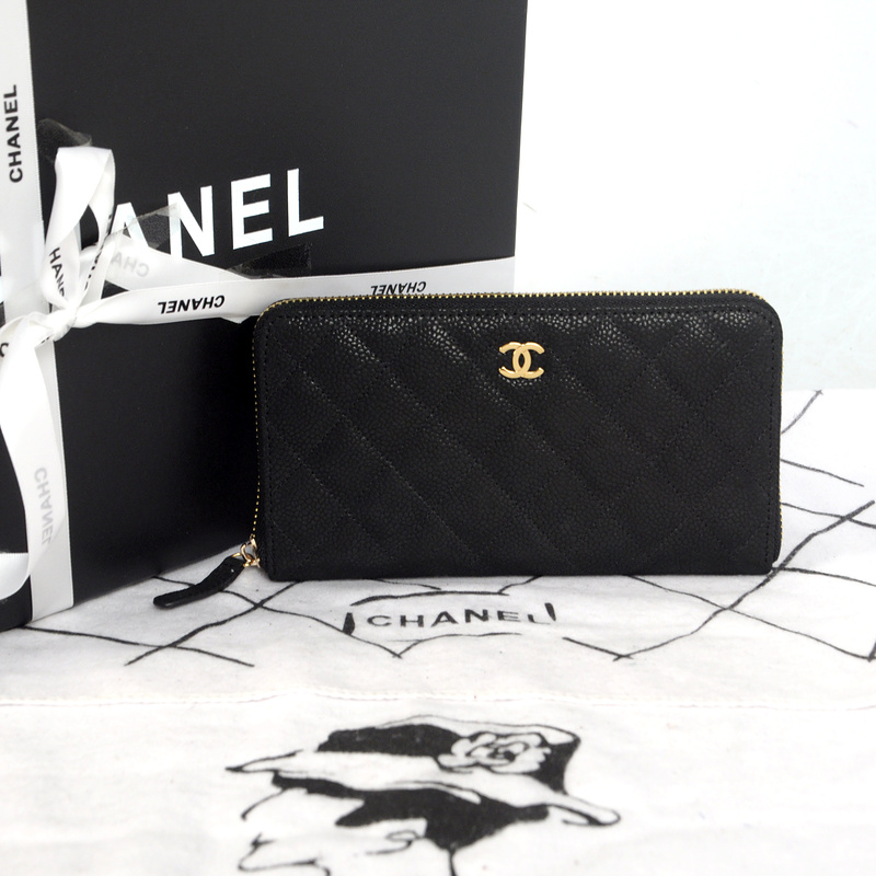 Chanel Matelasse Zip Around Wallet Original Cannage Pattern Nubuck Leather C009 Black