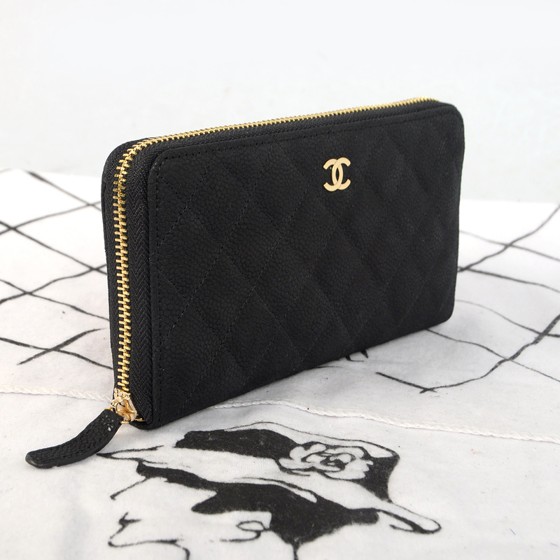 Chanel Matelasse Zip Around Wallet Original Cannage Pattern Nubuck Leather C009 Black