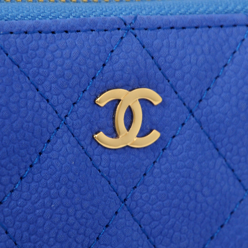 Chanel Matelasse Zip Around Wallet Original Cannage Pattern Nubuck Leather C009 Blue