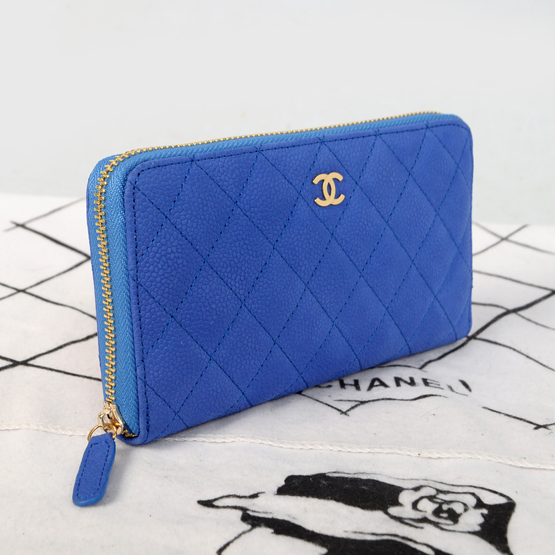 Chanel Matelasse Zip Around Wallet Original Cannage Pattern Nubuck Leather C009 Blue