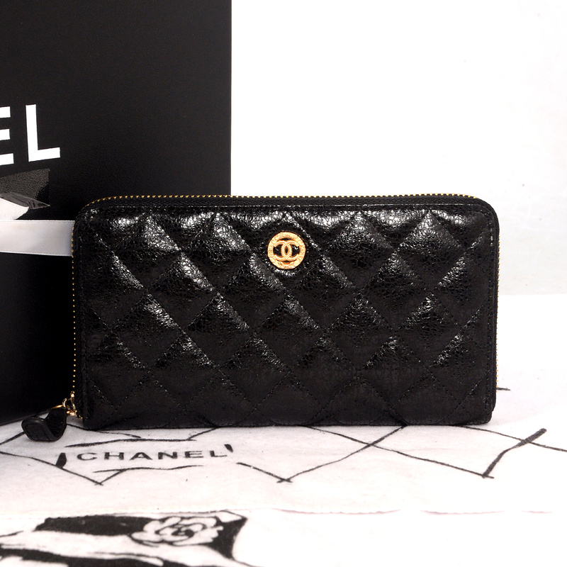 Chanel Matelasse Zip Around Wallet Original Glazed Crackled Leater C009 Black