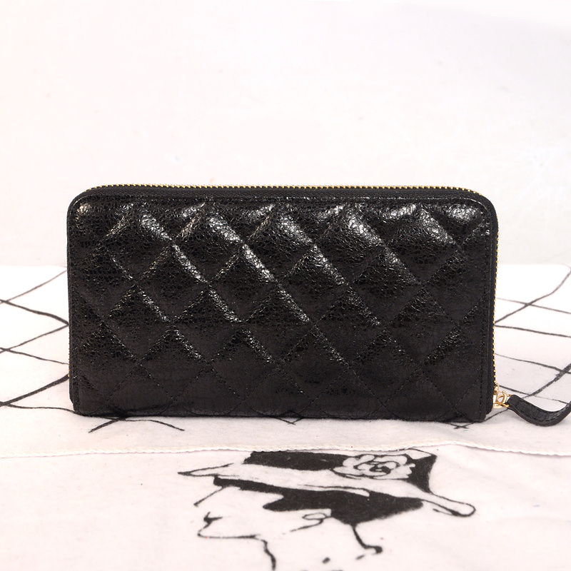 Chanel Matelasse Zip Around Wallet Original Glazed Crackled Leater C009 Black