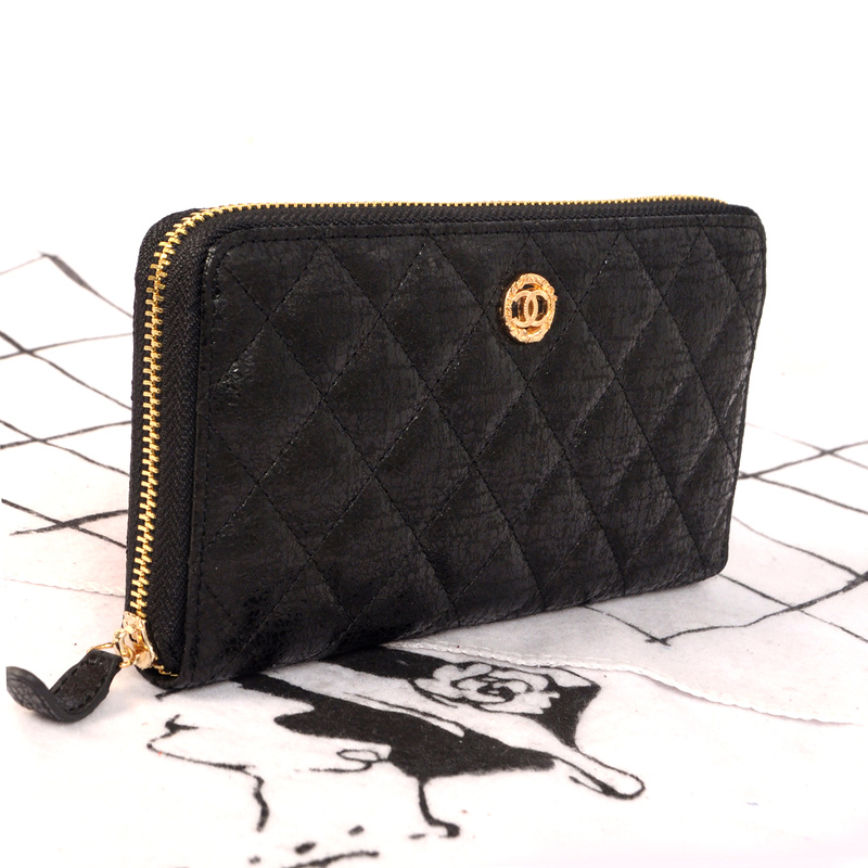 Chanel Matelasse Zip Around Wallet Original Glazed Crackled Leater C009 Black