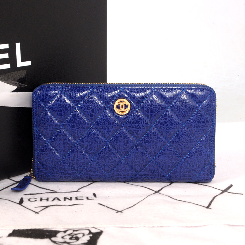 Chanel Matelasse Zip Around Wallet Original Glazed Crackled Leater C009 Blue