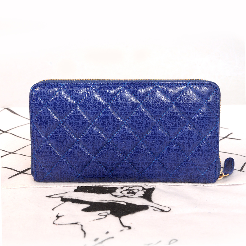 Chanel Matelasse Zip Around Wallet Original Glazed Crackled Leater C009 Blue