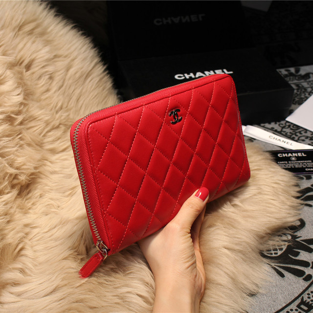 Chanel Matelasse Zip Around Wallet Sheepskin A31508 Red