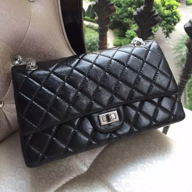 Chanel Original Glazed Crackled Leather Classic Flap Bag A30227 Black Silver