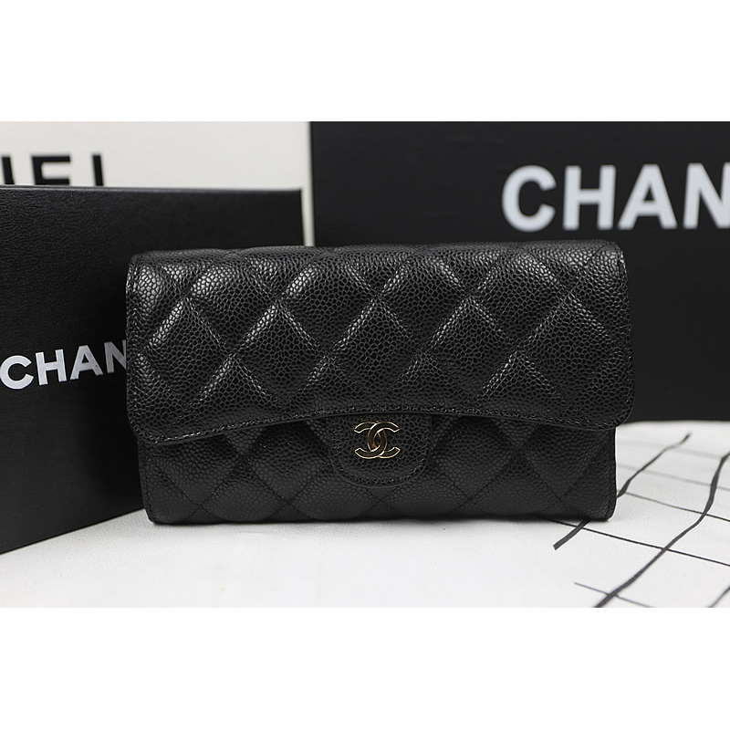 Chanel Tri-Fold Wallet Black Original Caviar leather A31506 Gold