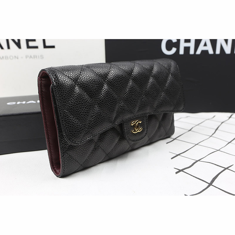 Chanel Tri-Fold Wallet Black Original Caviar leather A31506 Gold