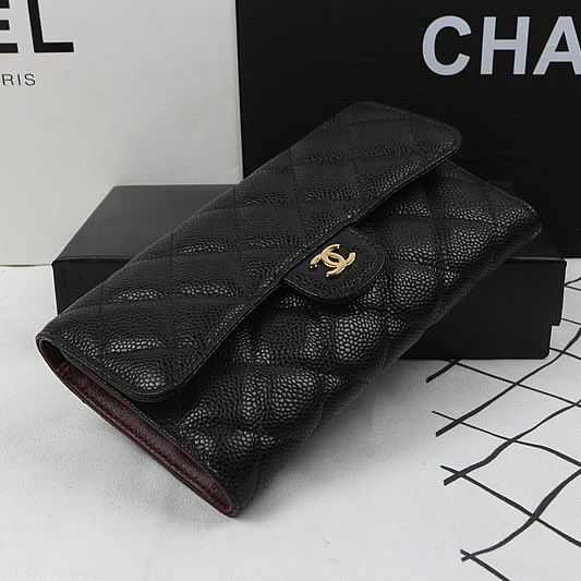 Chanel Tri-Fold Wallet Black Original Caviar leather A31506 Gold