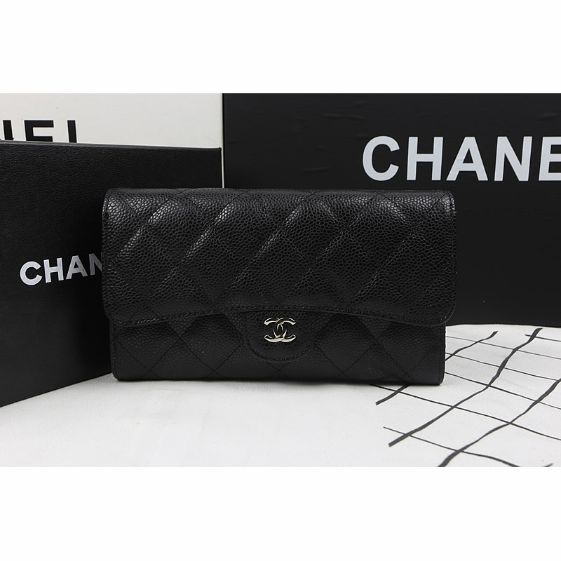 Chanel Tri-Fold Wallet Black Original Caviar leather A31506 Silver