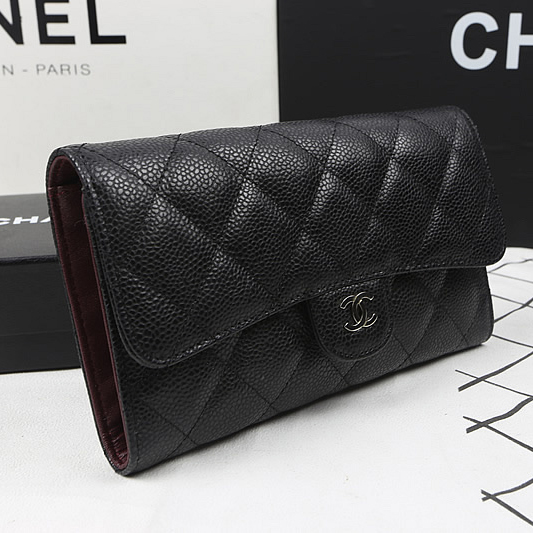 Chanel Tri-Fold Wallet Black Original Caviar leather A31506 Silver