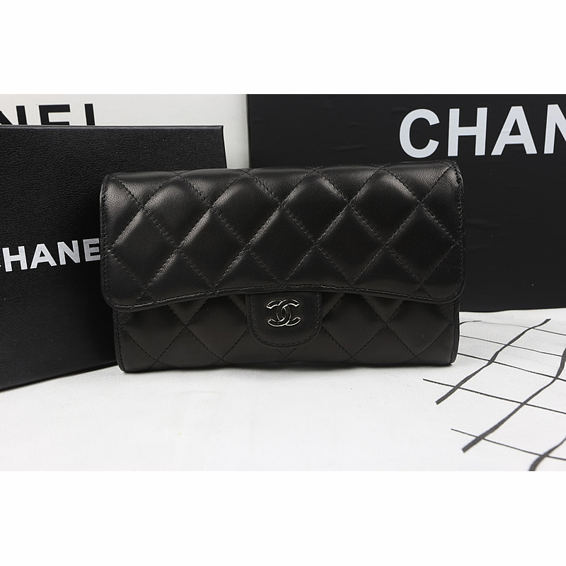 Chanel Tri-Fold Wallet Black Original Sheppskin A31506 Silver