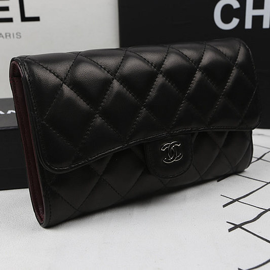 Chanel Tri-Fold Wallet Black Original Sheppskin A31506 Silver