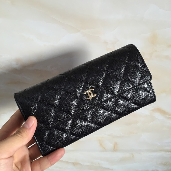 Chanel Tri-Fold Wallet Original Caviar Leather A48656 Black with Gold