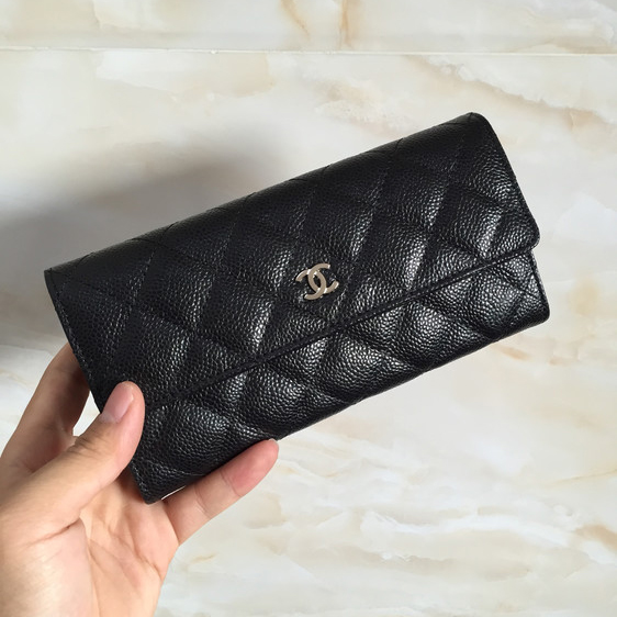 Chanel Tri-Fold Wallet Original Caviar Leather A48656 Black with Silver