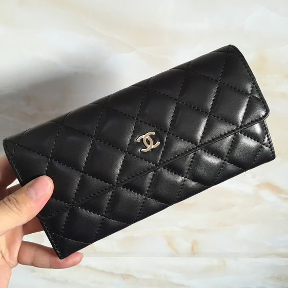 Chanel Tri-Fold Wallet Original Lambskin Leather A48656 Black with Gold