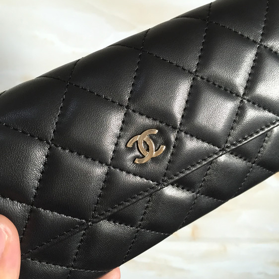 Chanel Tri-Fold Wallet Original Lambskin Leather A48656 Black with Gold