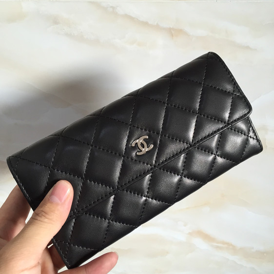 Chanel Tri-Fold Wallet Original Lambskin Leather A48656 Black with Silver