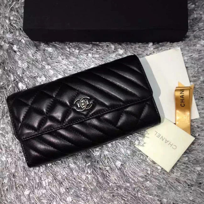 Chanel Tri-Fold Wallet Sheepskin Leather A80468 Black