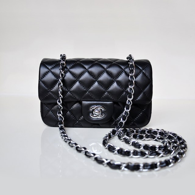 Chanel mini Classic Flap Bag Black Sheekskin 1117 Silver