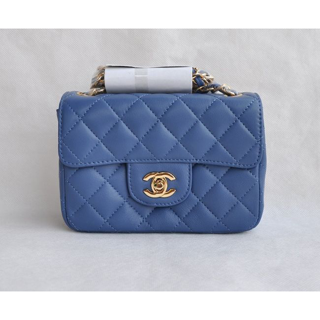 Chanel mini Classic Flap Bag Blue Sheekskin leather A1115 Gold