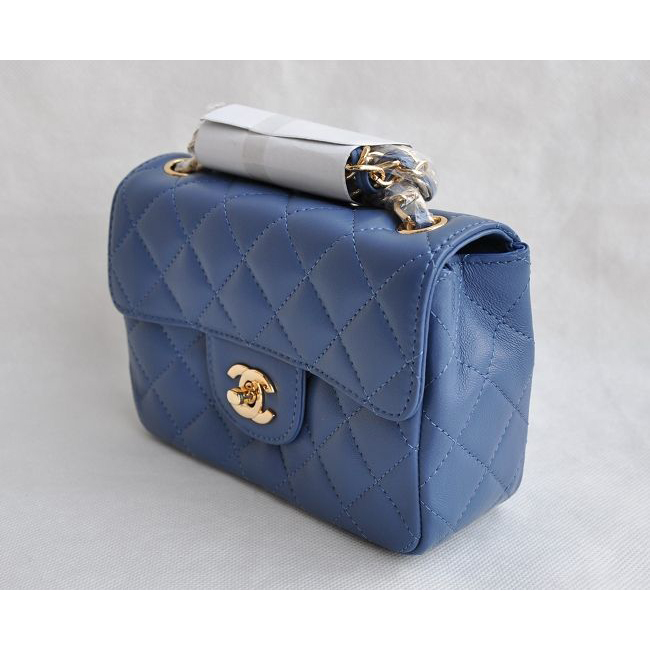 Chanel mini Classic Flap Bag Blue Sheekskin leather A1115 Gold