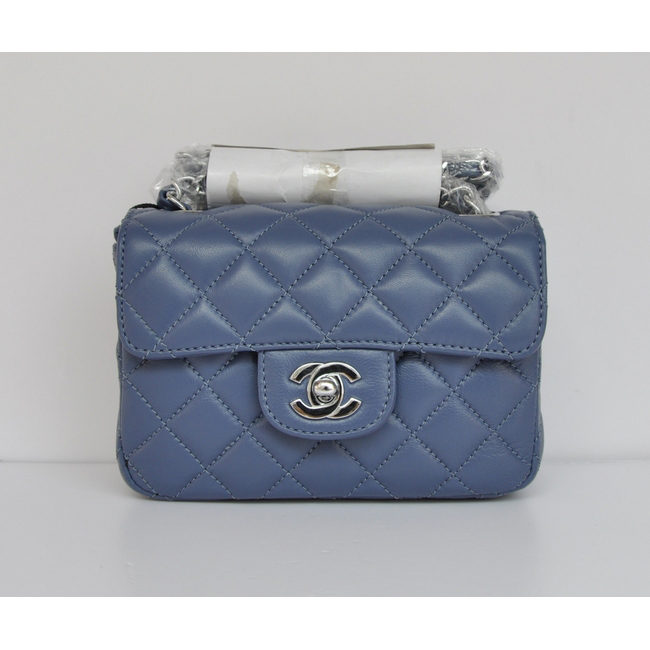 Chanel mini Classic Flap Bag Blue Sheekskin leather A1115 Silver