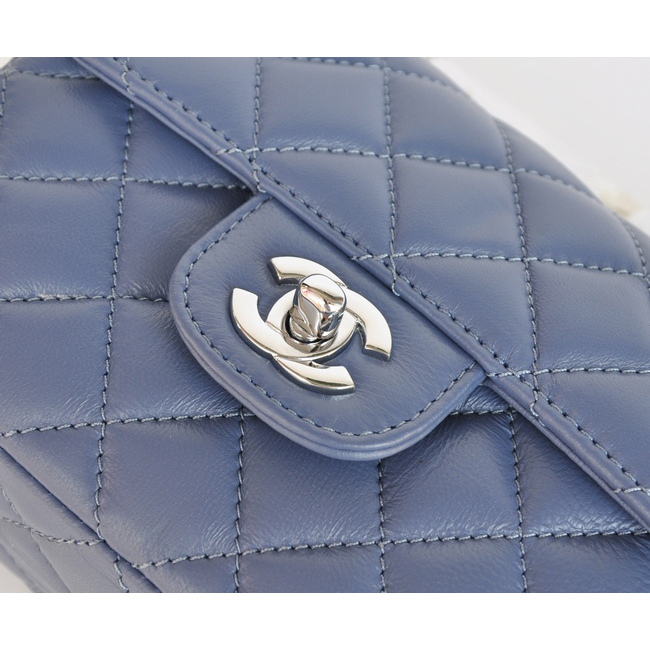 Chanel mini Classic Flap Bag Blue Sheekskin leather A1115 Silver