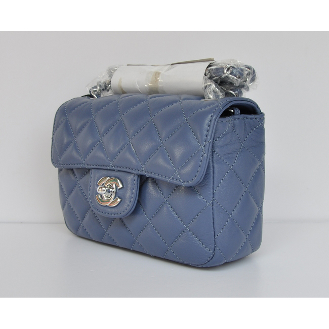 Chanel mini Classic Flap Bag Blue Sheekskin leather A1115 Silver