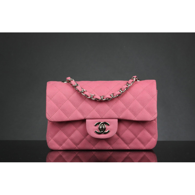 Chanel mini Classic Flap Bag Original Caviar leather 1117 Peach in Silver