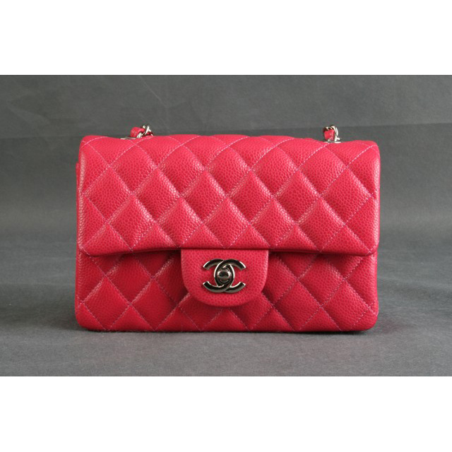 Chanel mini Classic Flap Bag Original Caviar leather 1117 Red in Silver