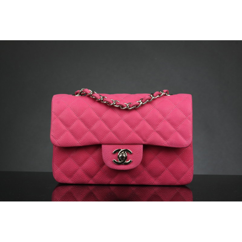 Chanel mini Classic Flap Bag Original Caviar leather 1117 Rose in Silver