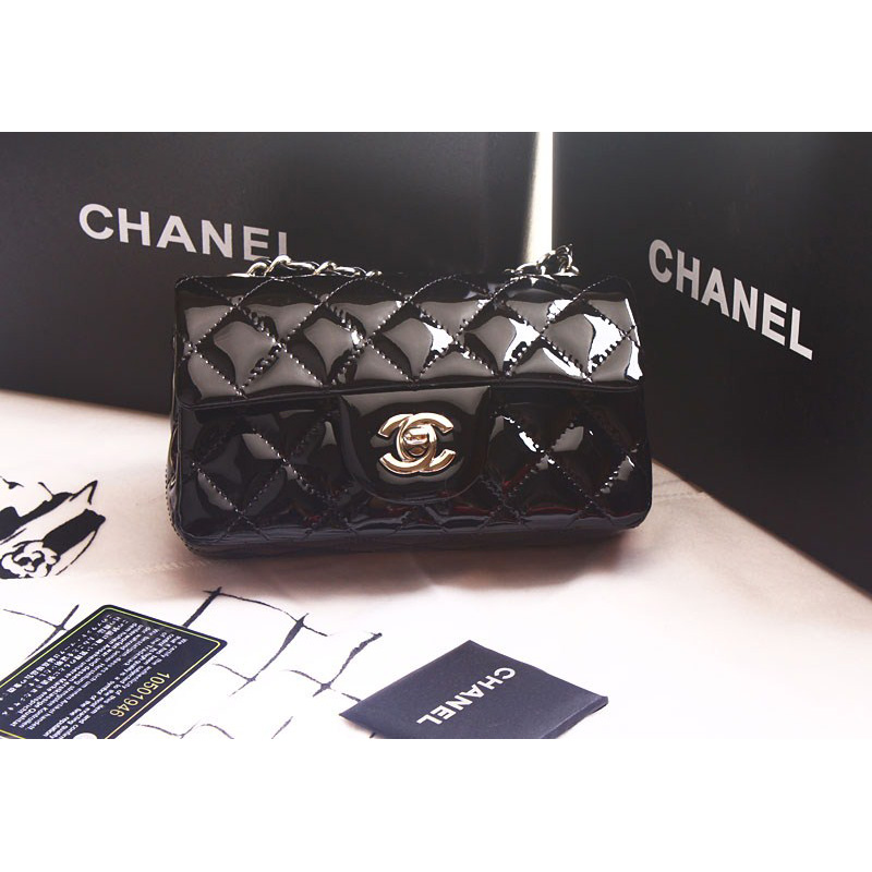 Chanel mini Classic Flap Bag Original Patent leather 1117 Black in Silver