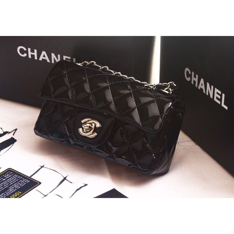 Chanel mini Classic Flap Bag Original Patent leather 1117 Black in Silver