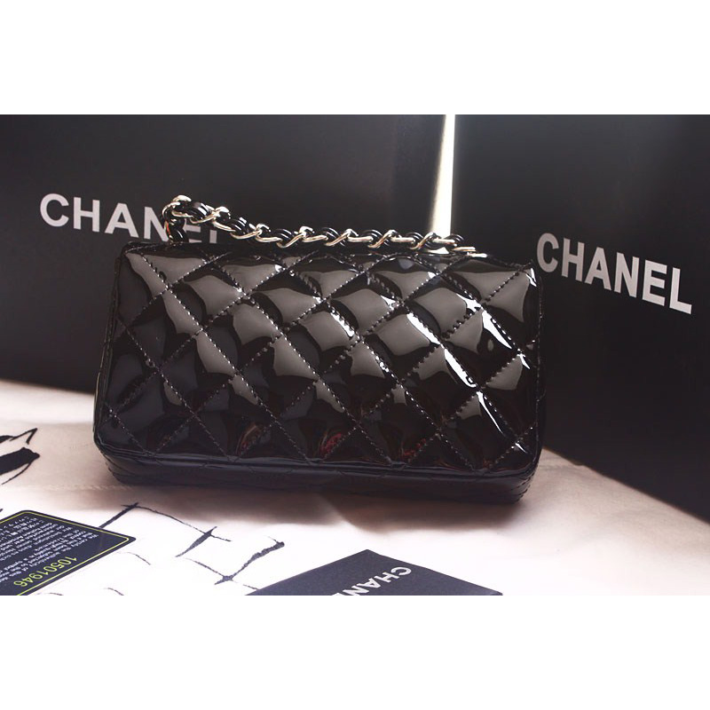 Chanel mini Classic Flap Bag Original Patent leather 1117 Black in Silver