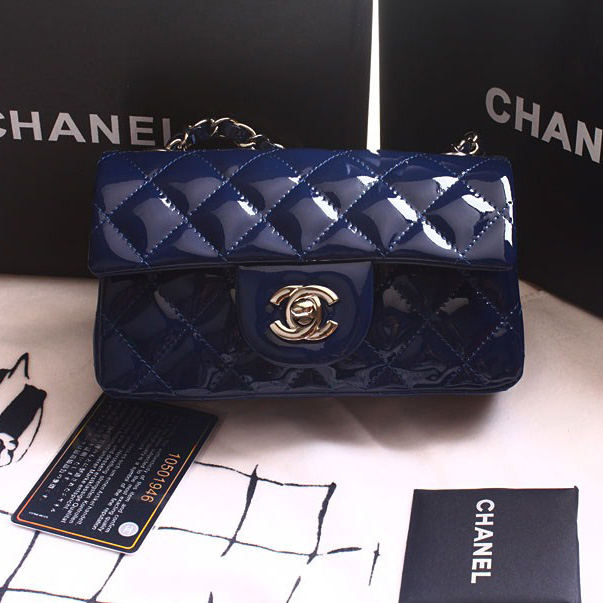 Chanel mini Classic Flap Bag Original Patent leather 1117 Royalblue in Silver