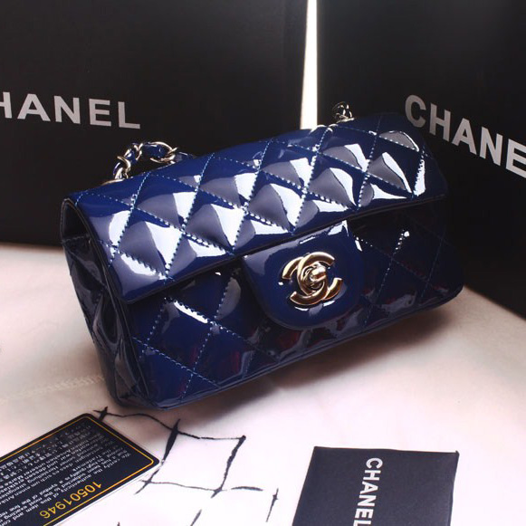 Chanel mini Classic Flap Bag Original Patent leather 1117 Royalblue in Silver