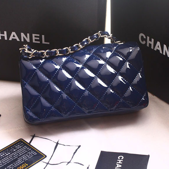 Chanel mini Classic Flap Bag Original Patent leather 1117 Royalblue in Silver